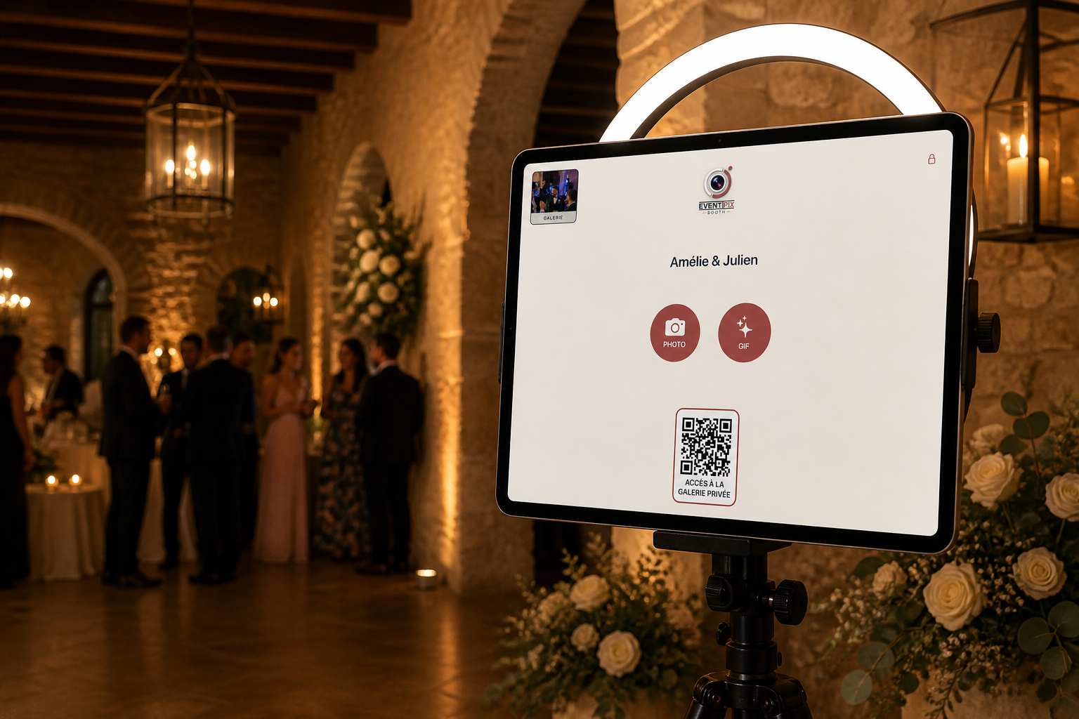 iPad installé sur une borne photo Eventipix Booth pendant une réception de mariage