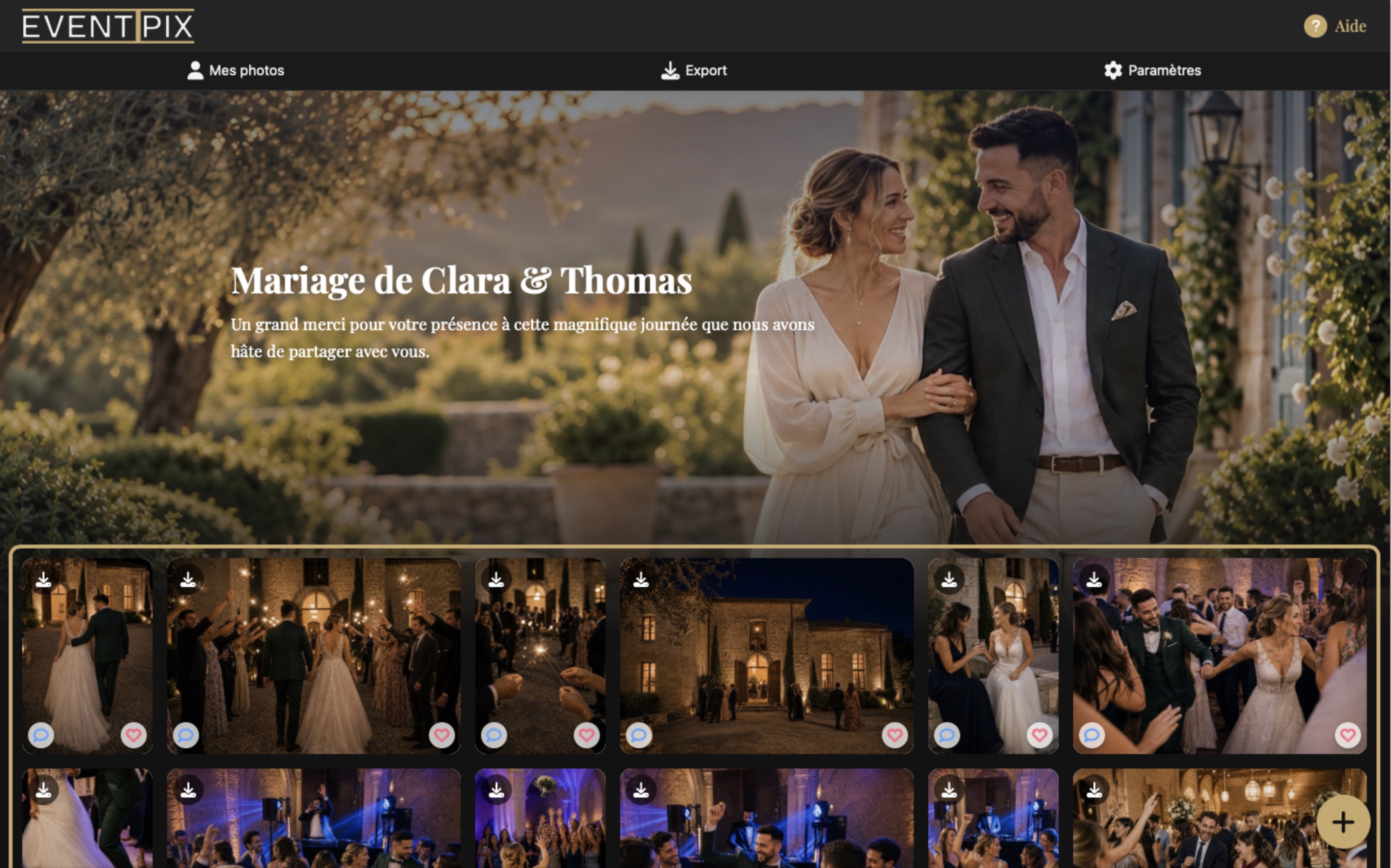 Galerie de mariage sombre avec photo immersive et grille de photos superposée