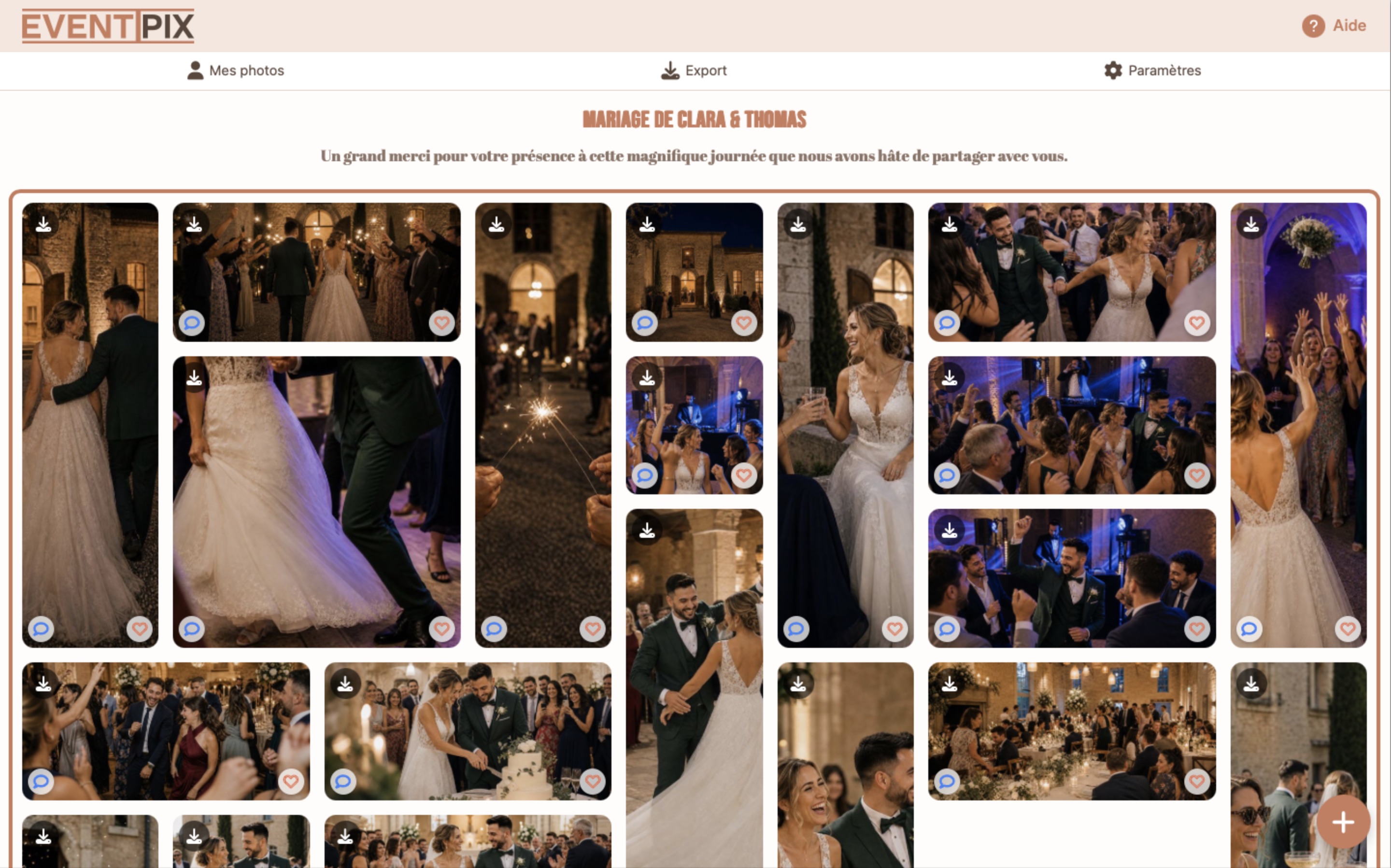 Galerie de mariage avec affichage des photos en colonnes