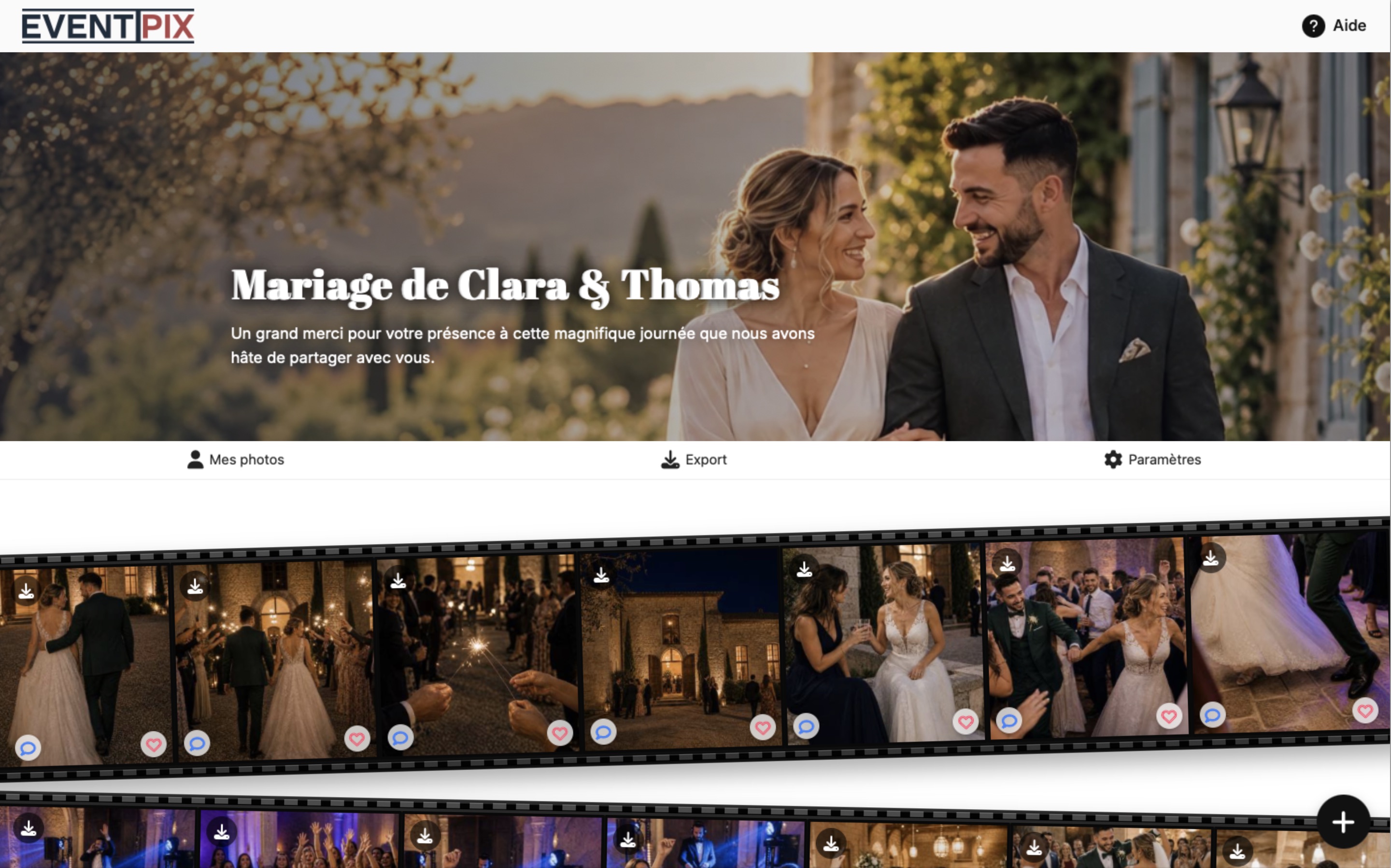 Galerie de mariage avec affichage des photos en bandes de pellicule